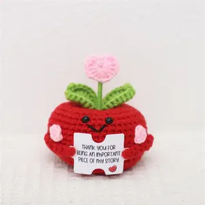 Greatflower Hand-Crocheted Heart-Shaped Red Apple Doll Soothing Desk Ornament with Adorable Face and Pink Flower