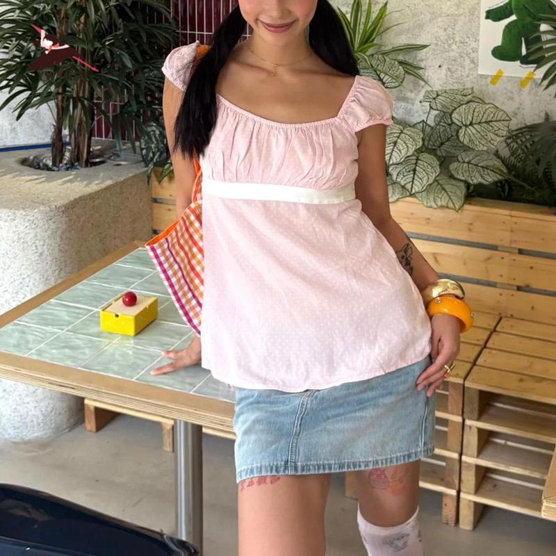 Women's Y2k Fairy Grunge Polka Dots Shirts Babydoll Lace Patchwork Bow Crop Tee Tops Aesthetic Coquette Clothes Women's Y2k Fairy Grunge Polka Dots Shirts Babydoll Lace Patchwork Bow Crop Tee Tops Aesthetic Coquette Clothes