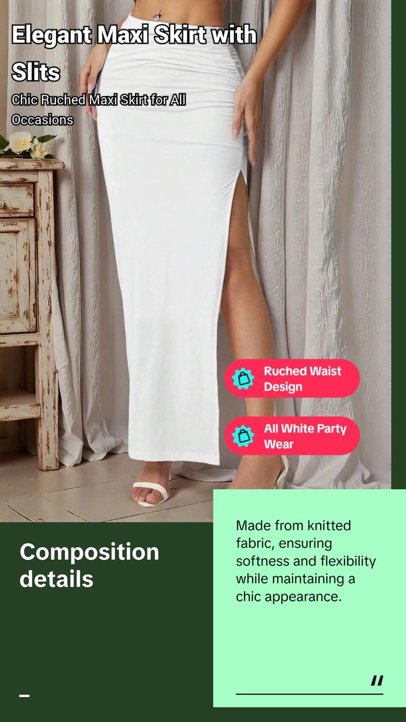 Elegant Ruched Waist Long Skirt for Women - Casual Knitted Fabric with Side Slit for Everyday Comfortable Style - All White Party Wear Womenswear Bottom Elegant Ruched Waist Long Skirt for Women - Casual Knitted Fabric with Side Slit for Everyday Comfortable Style - All White Party Wear Womenswear Bottom