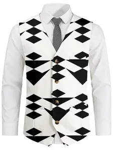 Men's Artistic Geometric Diamond Triangle Printed Vest Jacket, Single Button Slim Fit V Neck Casual Business Gilet, Spring & Fall