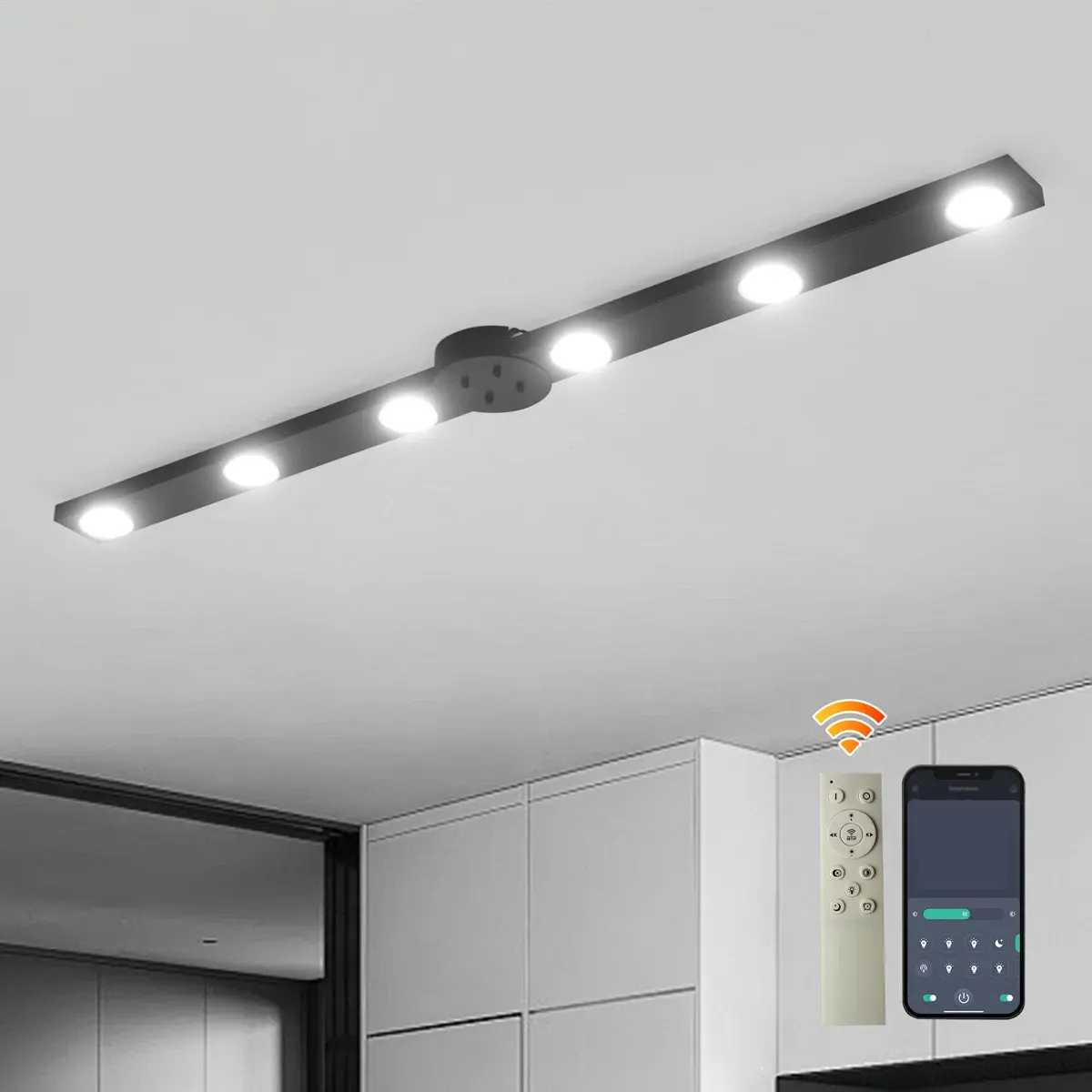 Garwarm Modern Dimmable LED Ceiling Light Track Lighting, 6 Lights Long Flush Mount Ceiling Light Fixture with Remote LED Chandelier for Bedroom Dining Room Kitchen 33W Black, for Home Design