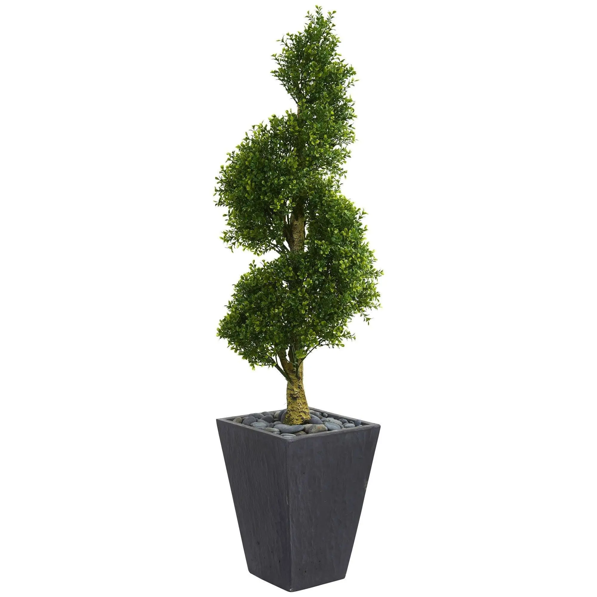 5' Spiral Boxwood Artificial Tree - Decorative Indoor Outdoor Planter Set with Plush Foliage, Lifelike Trunk, Stone Slate Planter for Balcony, Garden