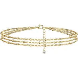 CASSIECA Layered Charm Bracelets Sterling Silver Rose Gold 3 Layered Dainty Link Chain Charm Bracelets for Women & Girls