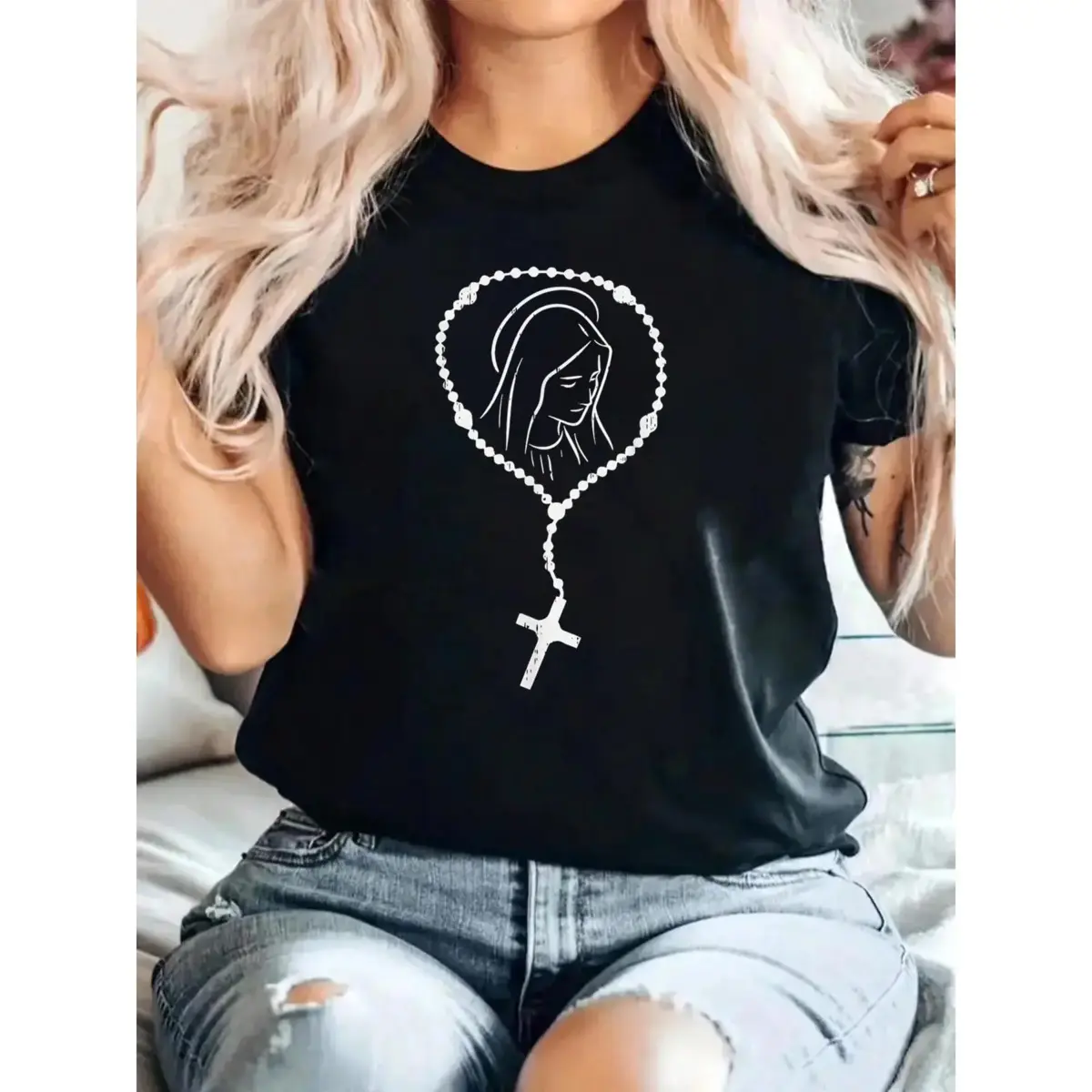 Virgin Mary God Jesus Faith Religious Catholic Gift T-Shirt Print Women T Shirt, Short Sleeve Round Neck Casual Top For Summer & Spring