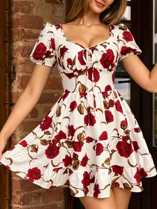 Women Romantic Rose Floral Tiered Dress Sweet Puff Sleeve Heart Shaped Neck With Waist Tie High Waist Slim Ruffle Hem Elegant Casual Dress For Seaside Travel Leisure Social Daily Wear