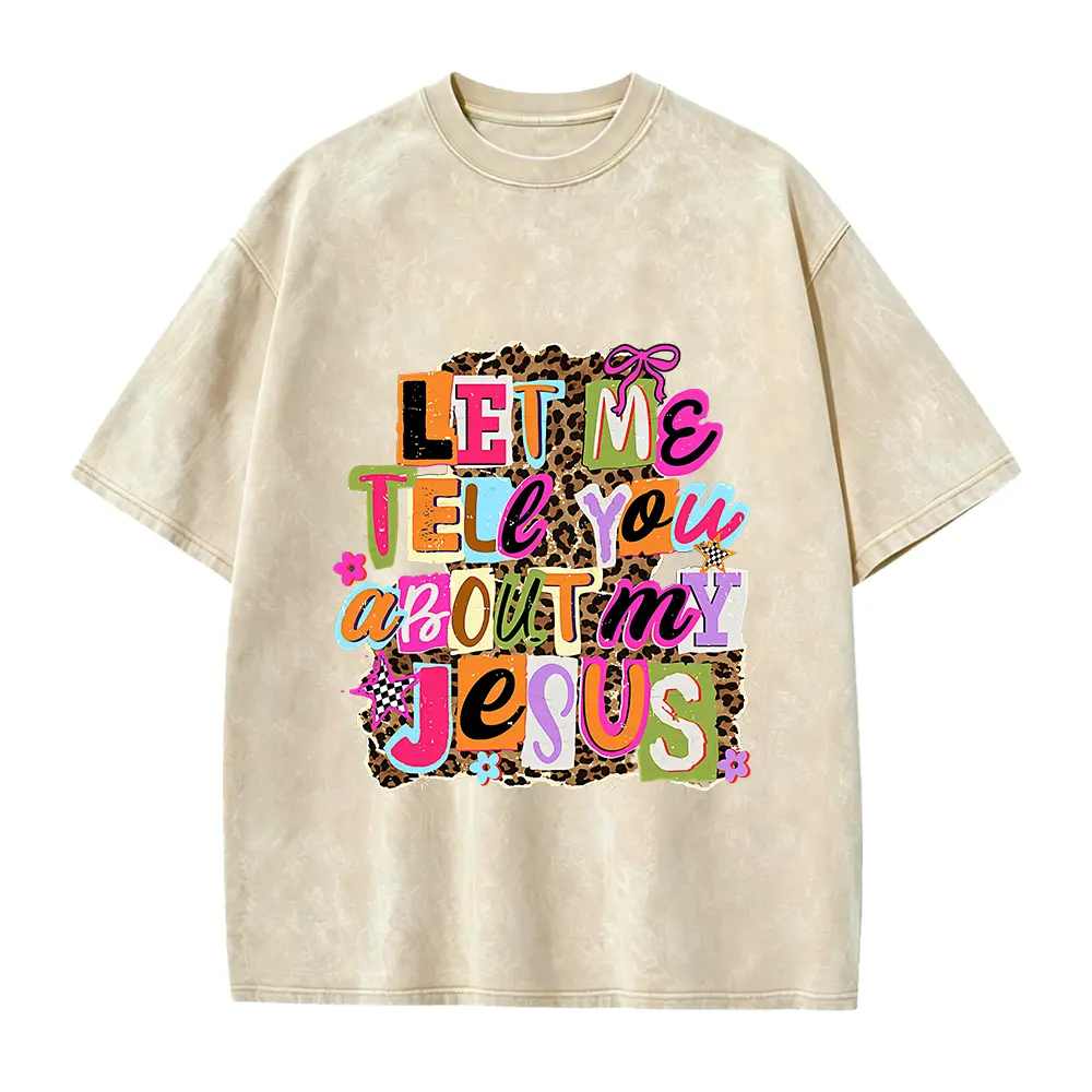 Let Me Tell You About My Jesus" T-shirt, Christian-style leopard print, faith quote T-shirt design, religious Easter shirt.