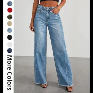 Women'sFashionableCuteWideLegJeansFlowyHighWaistedStrechyRawHemDenimPants