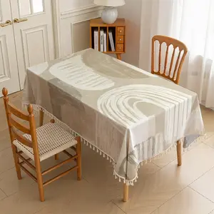 Cream Style Curve Printed Tassel Tablecloth, Soft And Warm, For Bedroom, Small Dining Table,  Healing Home Decor