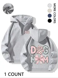 Women's "Dog Mom" Half-Zip Hoodie, Graphic, Gray Hoodie with Sweet Pet Art, Perfect for Dog Moms & Cute Style Fans, Ideal for Dog Walks, Casual Outings, Unique Polka-Dot Paw & Bow Detail, Must-Have for Those Who Love Pet-Inspired Casual Fashion