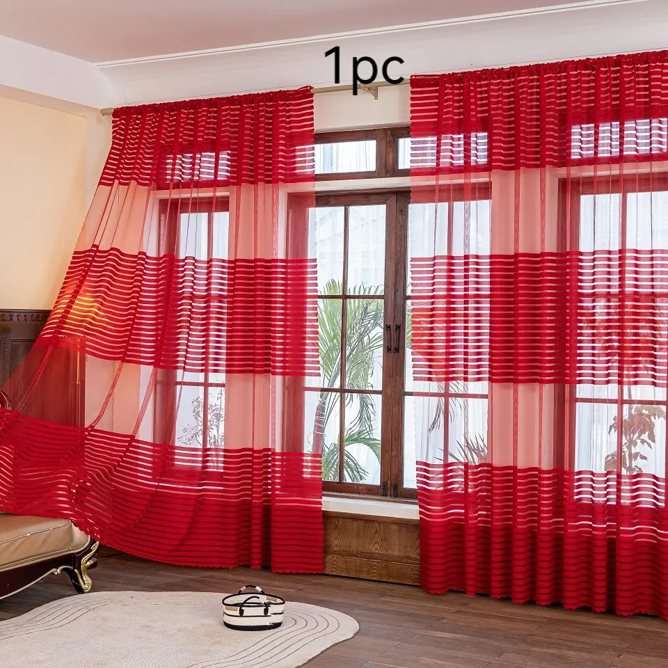 1 Panel Description: 92cm x 100cm is for small window use (Large Red Stripe Jacquard Gauze Curtain), Living Room Gauze Curtain, Bedroom Gauze Curtain, Home Gauze Curtain, Disposal Curtain, Gauze Curtain, Window Curtains, Ready Made Curtains