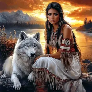 Native American Girl White Wolf Lake Sunset Art Painting Diamond Painting 5D DIY Diamond Painting Kit Full Drill Square Round Diamonds Embroidery Cross Stitch Art Craft Home Wall Decor Unique Art Gift For Living Room  Handmade Decorative Painting Set