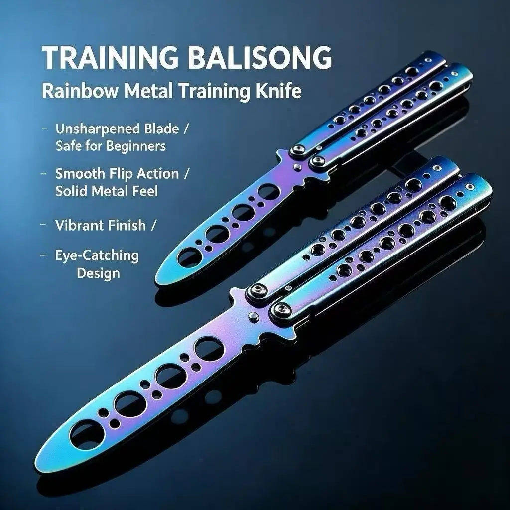 Rainbow Balisong Trainer Butterfly Fly Knife for Beginners - Safe All Metal Practice Tool for Learning Flipping Techniques