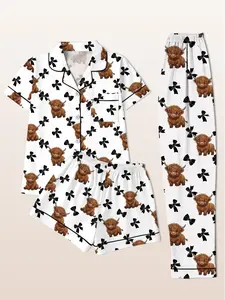 Women's 3-Piece Pajama Set, Short Sleeve Open Front Top + Shorts + Long Pants, Butterfly Highland Cow Print, Casual Fitted Sleepwear, Summer Sleep Set