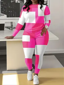 Color Block Patchwork Casual Round Neck Long Sleeve Top & Pants Set, Women's Fashion Co Ord Sets Two-Piece for Daily Wear