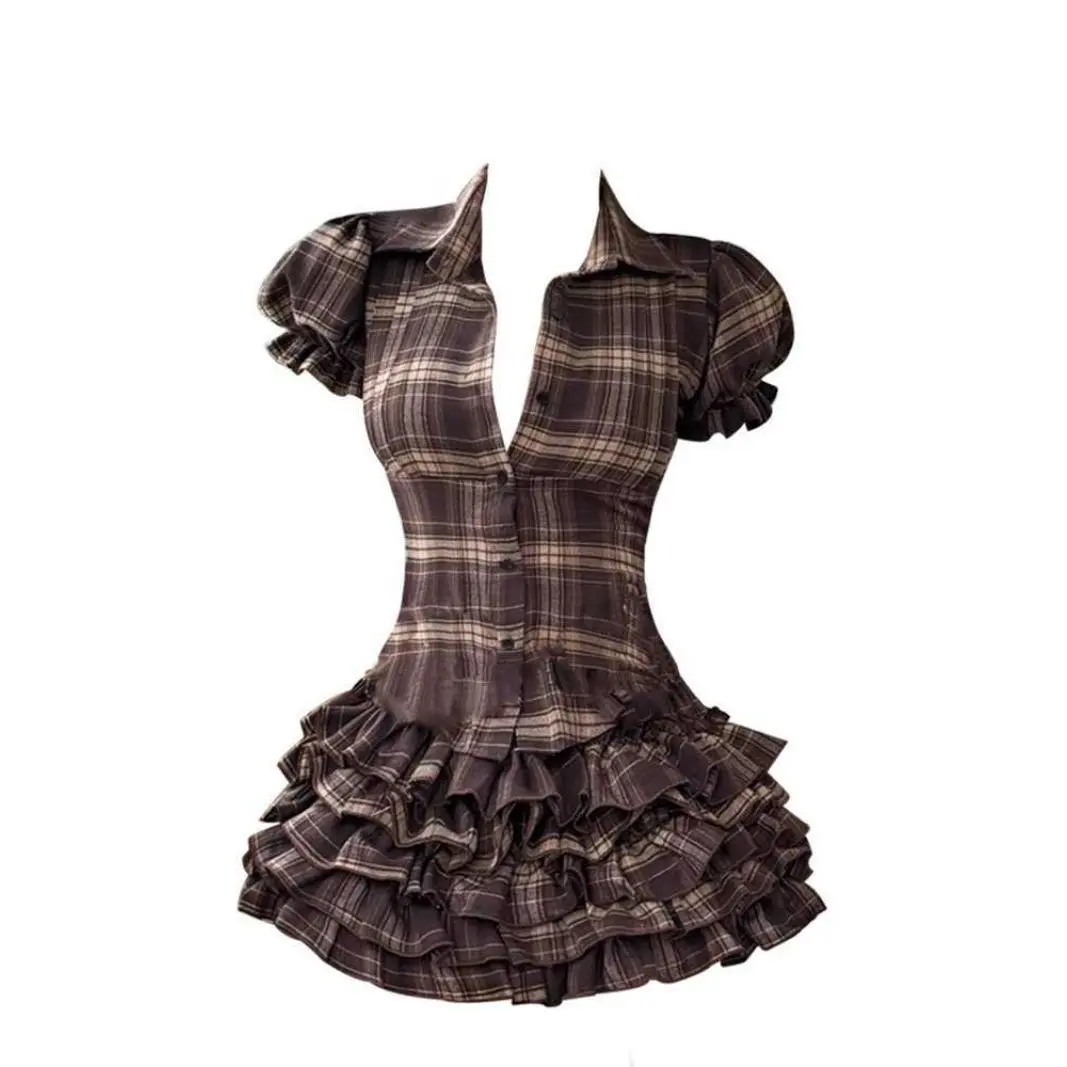 New Y2k  French Retro Skirt Sets Slim Fit Brown Plaid Bubble Sleeve Top Pleated Harajuku Gothic Casual Fluffy Skirt Two piece Set Womenswear Clothes