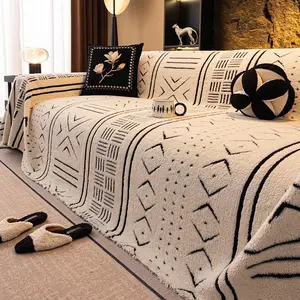 1 PC Bohemian Casual Sofa Cover, Soft Sofa Protector, Plush Short-pile Fabric with Geometric Pattern Design, Scratch-resistant, Dust-proof, Pet-friendly Sofa Slipcover, Fits 1/2/3/4-seater Sofas, All-season Couch Cover for Living Room, Machine Wash