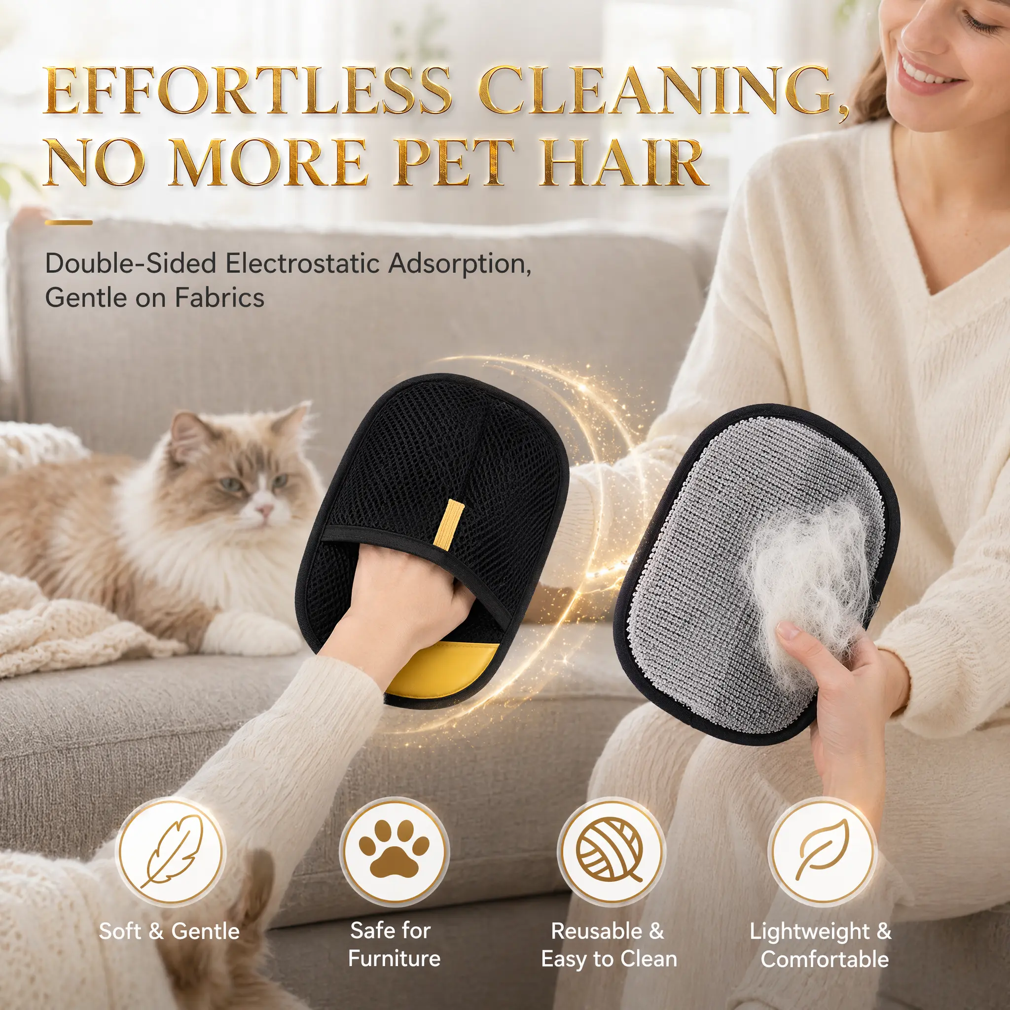 Upgrade Pet Hair Remover Electrostatic Gloves-1pcs › Reusable Pet Hair Removal Glove for Cats & Dogs, Premium Cat & Dog Hair Remover Mitt for Couch Furniture Carpet Car Seat