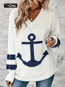 Women's Colorblock Anchor Print Sweater, Casual Long Sleeve Knitting Jumper for Spring, Fashion Womenswear Knitwear for Daily Wear, Knitted Top