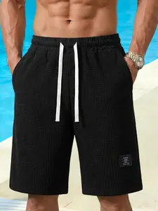 Men'S Lightweight Polyester Casual Shorts with Drawstring Waist - Breathable Textured Fabric, Pockets for Beach, Outdoor & Casual Attire - White & Beige, Regular Fit, Adjustable Comfort | Simple Design | Durable Fabric