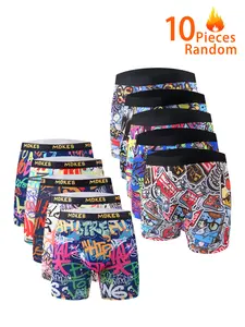 10 Pcs Men's Fashion Graffiti Geometric Print Pattern Boxers, Breathable High Elastic Long Boxers, Sports Trunks, Boxing Shorts, Novel Underwear