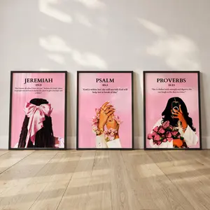 Pink Bible Verse Set Of 3 Print; Christian Black Girl Wall Art