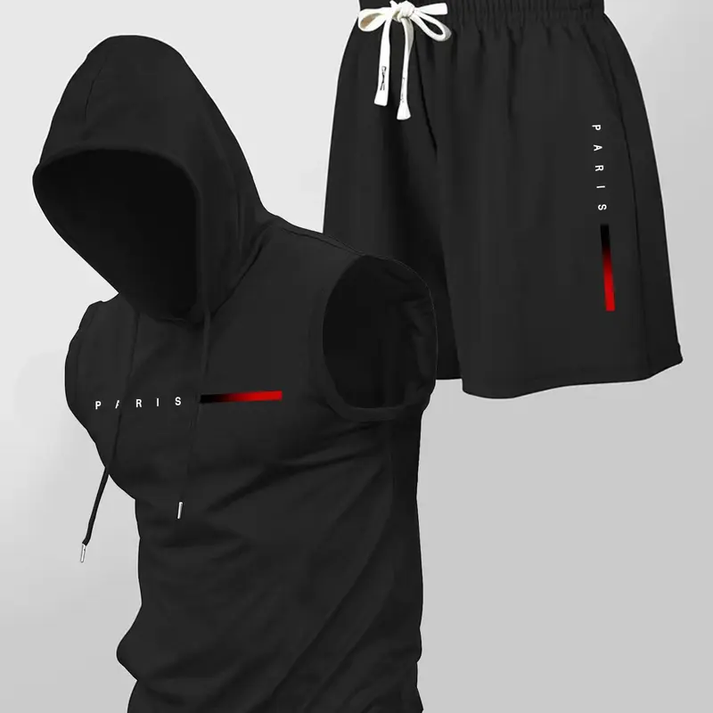 Men's Two-Piece Set, Letter Print Hooded Vest & Drawstring Waist Shorts, Casual Summer Fitness Outfit, Sporty Outfit for Gym & Outdoor Sports, Letter Print Sportswear, Gym Workout Sportswear