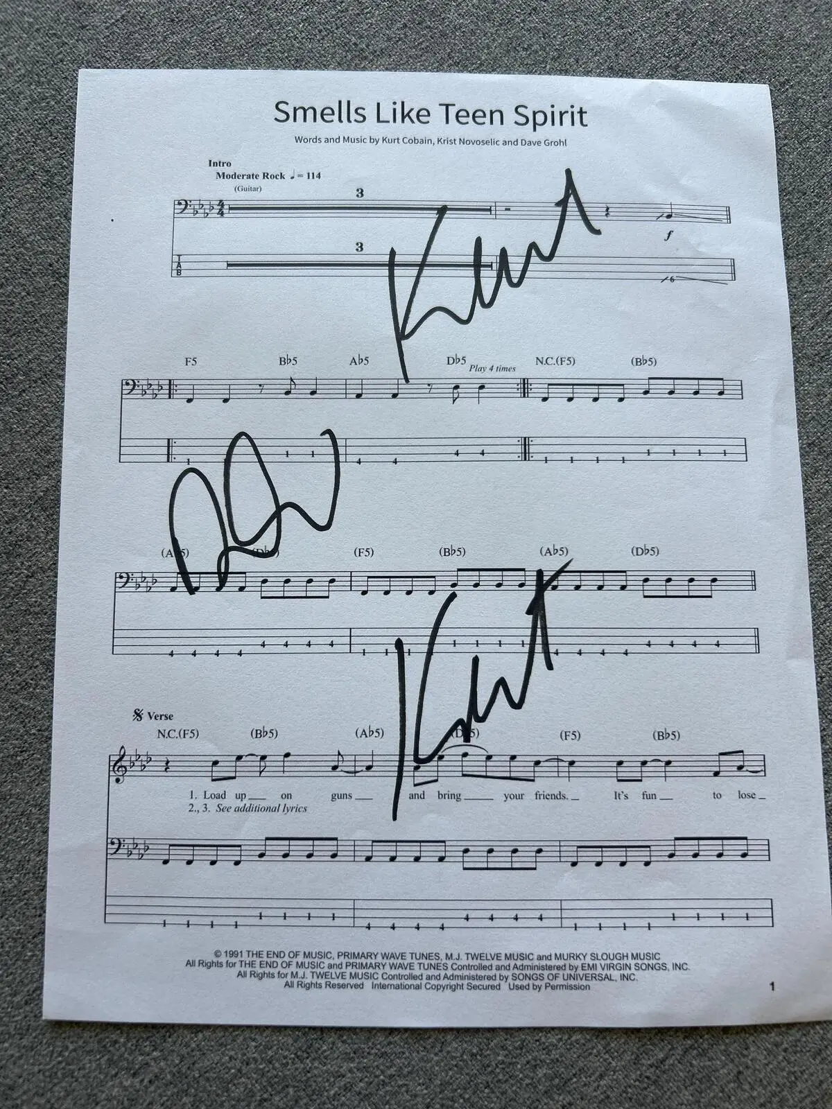 Rare Nirvana Autographed Collectibles - Kurt Cobain, Dave Grohl & Krist Novoselic Signed "Smells Like Teen Spirit" Music Sheet With COA, Autographs