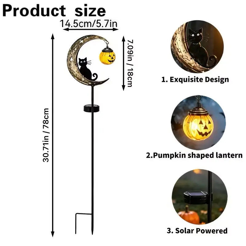 RUIDEL MICHAELS Halloween black cat and pumpkin garden stake lights, solar-powered IP56 waterproof garden lights, outdoor Halloween decorations, new moon black cat and hanging pumpkins, outdoor Halloween yard decor for gardens, courtyards, lawns, and trai