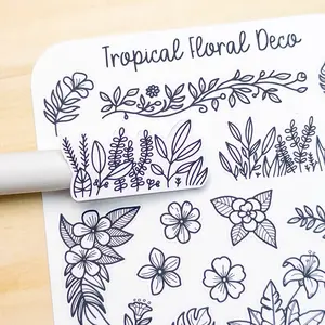 Tropical Floral Deco Planner Sticker Sheet Minimal Simple Line Art Foliage Flowers Plants Leaves Borders Edges Corners