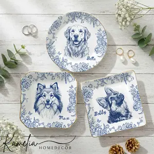 Custom Pet Jewelry Dish, Pet Memorial Jewelry Dish, Custom Dog Cat Portrait Ring Dish, Toile De Jouy Pet Ring Dish, Gift For Pet Owner