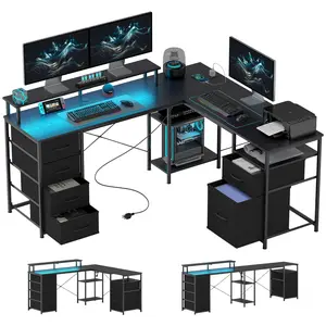 HOMCOM 66" L Shaped Gaming Desk, Reversible, 105" 2 Person Computer Desk with File Cabinet and Fabric Drawers, Power Outlets and LED Lights, Monitor Stand
