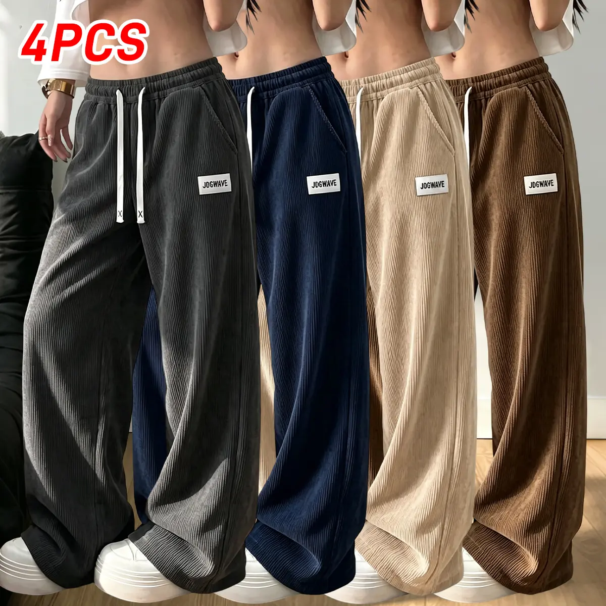 Women’s casual wide-leg pants, 4-pack, featuring a drawstring design, solid colors, and a comfortable, close fit—loose, relaxed trousers suitable for sports and everyday wear; women’s clothing, ladies’ apparel.Loose-fit sweatpants season baggy bottoms