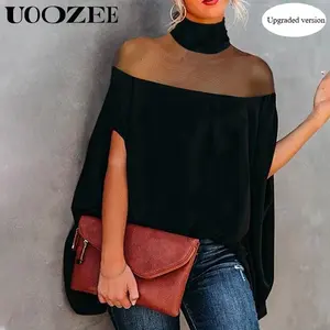 UOOZEE Women's Batwing Sleeves See-Through High-Neck Blouse – Minimalist, Casual Comfort for Everyday Wear casual long sleeve knit top The size is too big, it is recommended to order a smaller size Fit Shirts Black Womenswear Basic Check