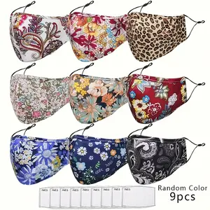 [Reusable Face Mask] 6/9count Reusable Face Mask |   Elegant, Breathable, Washable, with Built-in Nose Wire and Filter Pocket, Random Color and Printing Pattern, for Outdoor Travel, Women, Men, Adult