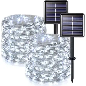 2 Pack Solar String Lights Outdoor Waterproof, Each 33FT 100 LED Solar Lights Outdoor, 8 Modes White Fairy Light for Outside Yard,Tree,Patio,Garden,Wedding,Christmas Decorations
