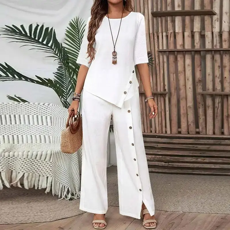Women's 2-Piece Irregular Hem Elegant Buttoned Half-Sleeve Shirt and Trousers Set
