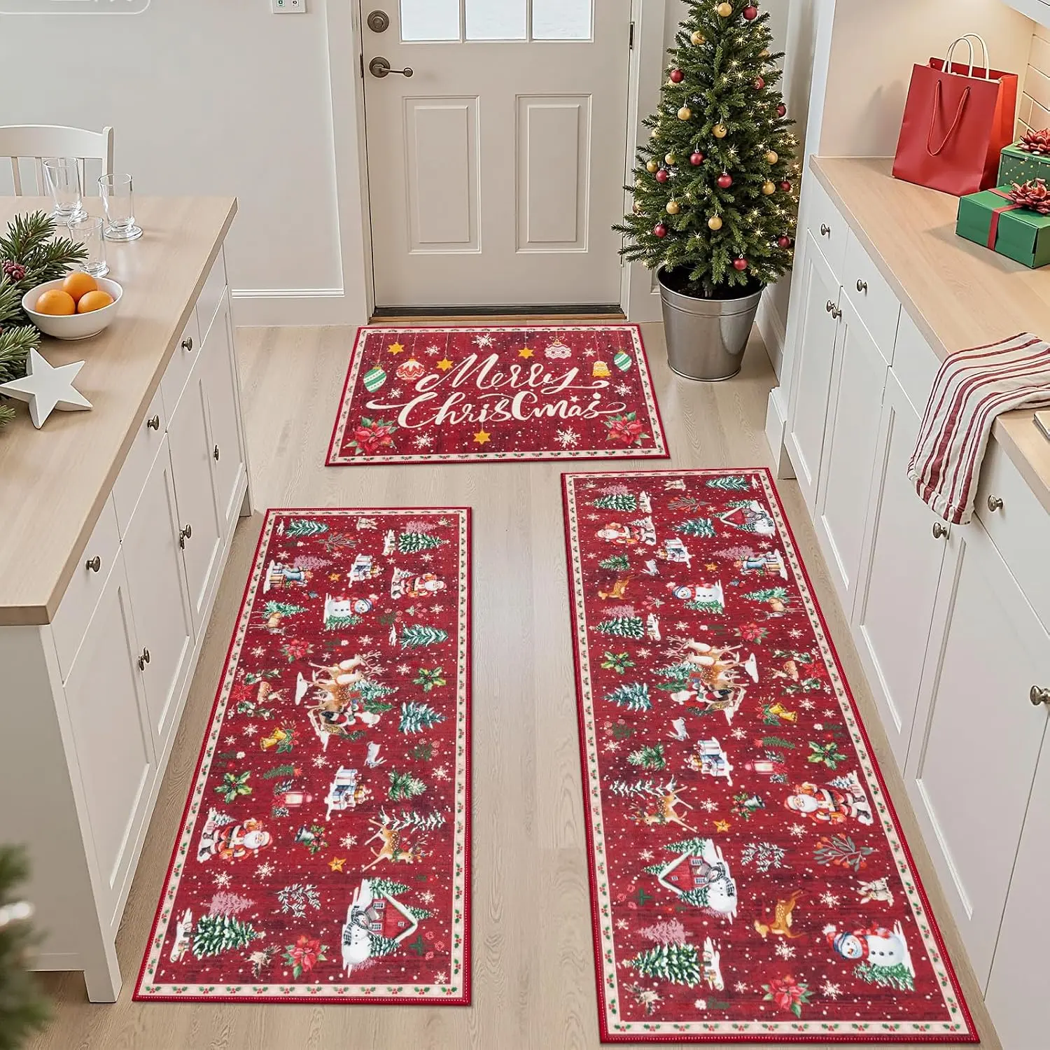 LOKHOM 3-Piece Polyester Modern Bohemian Floral Rug Set - Machine Washable, Non-Slip Rubber Backing, Waterproof, Stain-Resistant, Flat Weave Runner, Durable, Non-Shrink, Kitchen Accessory, House Decor, Aesthetic Home Decor, Home Goods