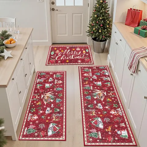 LOKHOM 3-Piece Polyester Modern Bohemian Floral Rug Set - Machine Washable, Non-Slip Rubber Backing, Waterproof, Stain-Resistant, Flat Weave Runner, Durable, Non-Shrink, Kitchen Accessory, House Decor, Aesthetic Home Decor, Home Goods