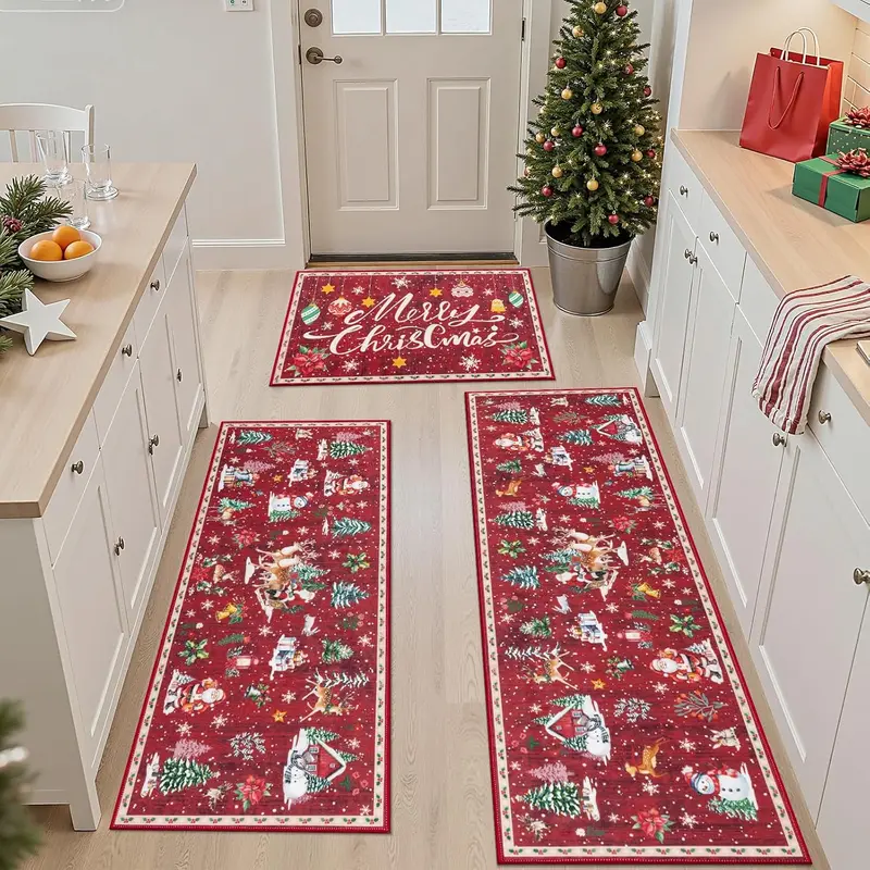 LOKHOM 3-Piece Polyester Modern Bohemian Floral Rug Set - Machine Washable, Non-Slip Rubber Backing, Waterproof, Stain-Resistant, Flat Weave Runner, Durable, Non-Shrink, Kitchen Accessory, House Decor, Aesthetic Home Decor, Home Goods