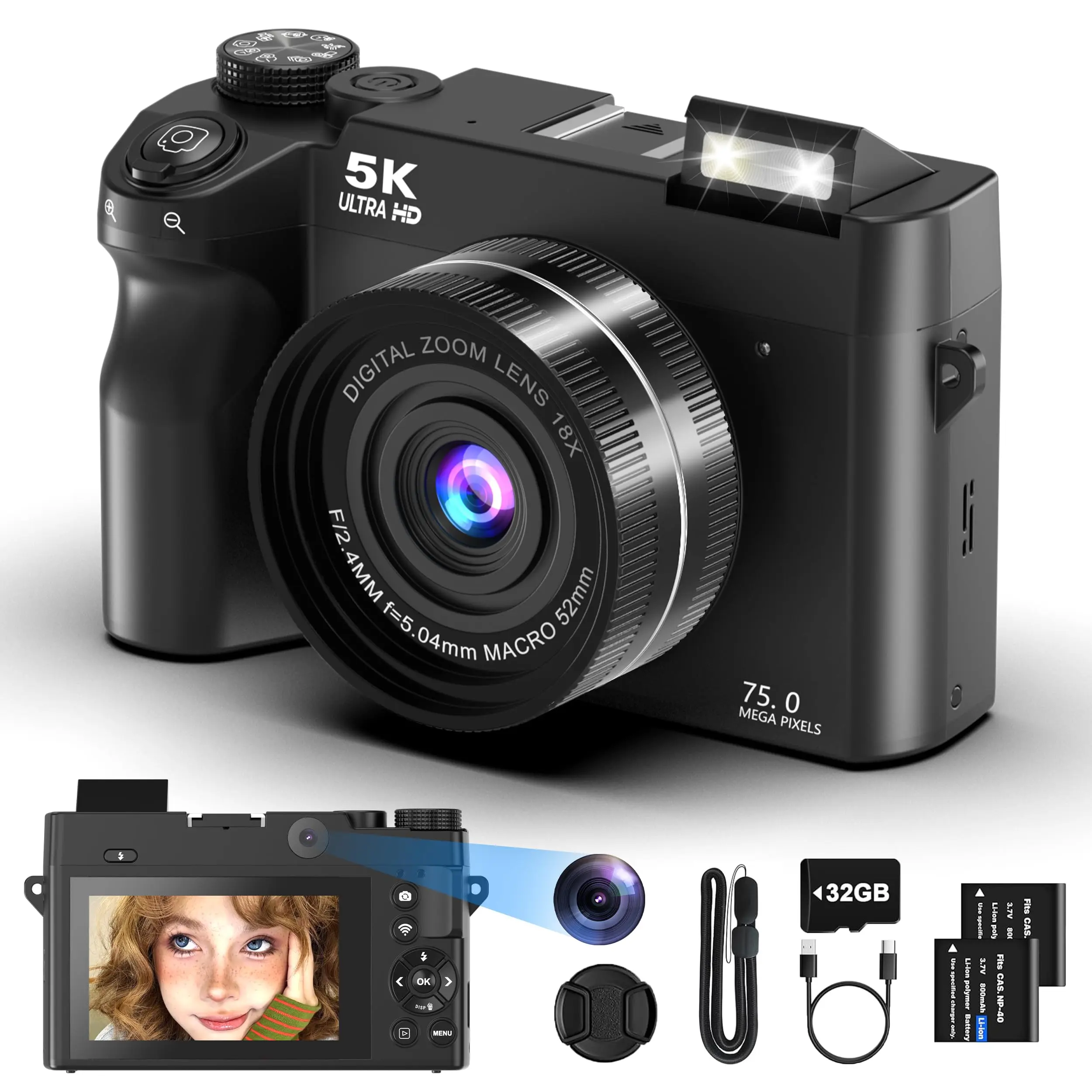 5K Digital Camera for Photography with 75MP, 3 Inch 180° Flip Screen, 18X Digital Zoom, WiFi Autofocus, Fill Light, 32GB SD Card, 2 Batteries, Compact Point and Shoot Vlogging Camera, Ideal Back to School Gift for Teens and Beginners