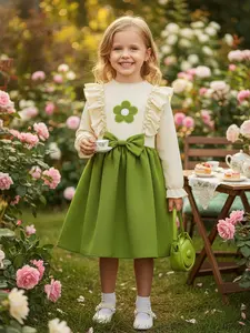 Girls' LLittle Girls Special Occasion Dress, Sweet & Pretty Cream Green A-Line Long Sleeve Dress with Ruffled Shoulders & Cute Flower Applique – Perfect for Spring Garden Parties, Photo Shoots, and Formal Events, Toddler Kids Fashion Elegant Comfort.