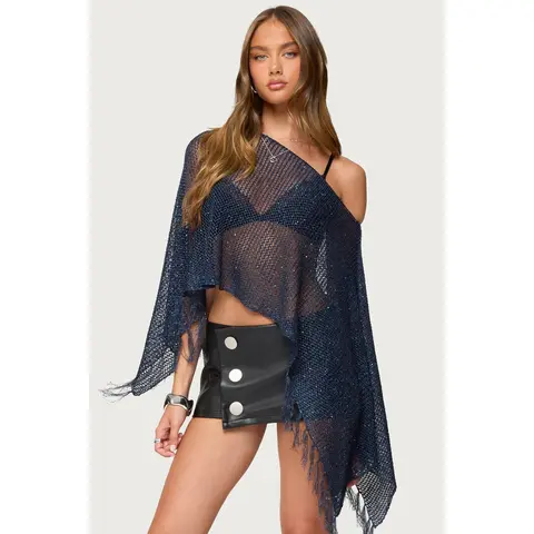 Sequin Fringe Knit Poncho