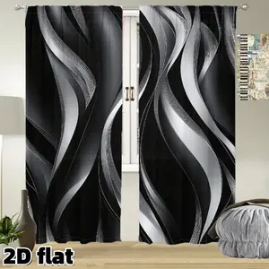 2D Flat 2Pcs Modern Abstract Wave Pattern Curtains Premium Polyester Rod Pocket Design Silver Black Gradient Elegant Window Drapes Semi Sunshade Living Room Bedroom Kitchen Office Balcony Decorative Privacy Protection