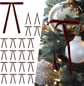 SIMISI RIBBON 24 Pcs Burgundy Velvet Christmas Tree Bows 3/8'' Wide 5x7 inch Vintage Wreath Bow for Tree Decorations and Elegant Festive Atmosphere