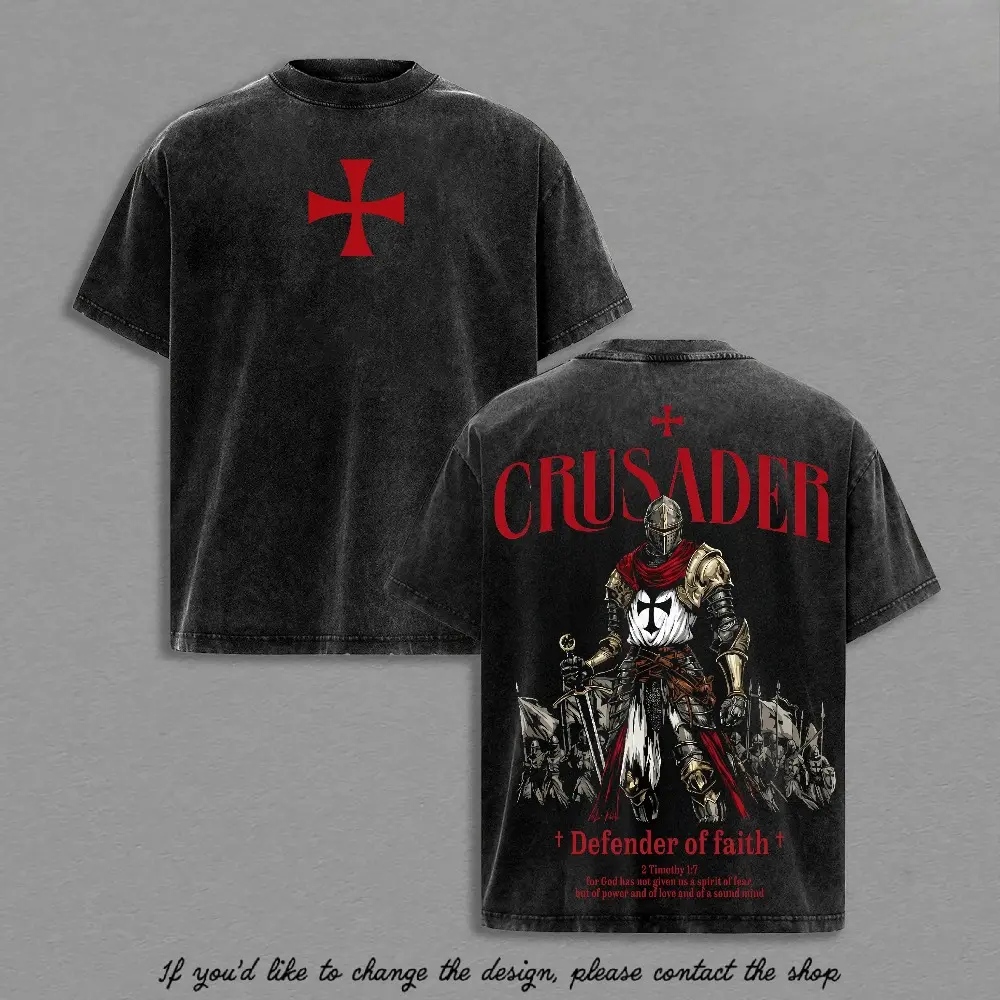 Men's Short-Sleeve Round-Neck Vintage Washed Oversized T-Shirt - Crusader Defender of Faith, 2 Timothy 1:7 Scripture Knight Bold Faith Graphic, Heavy Cotton Medieval Christian Streetwear Top, Unisex Dark Gothic Warrior Menswear Tee