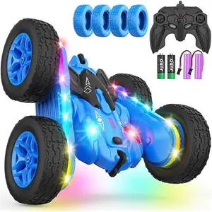Remote Control Car 4WD Stunt RC Car with Upgraded Strip Light & Headlight Double-Sided 360° Rotating Drift Truck for Boy & Girl, Birthday Gift (Blue)