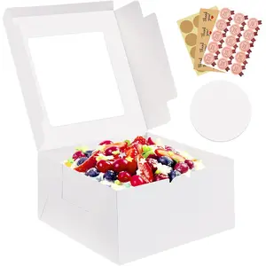 3 Pack Cake Boxes, 10x10x5 Inches Cake Boxes with Boards, White Square Bakery Boxes with Window, Disposable Cake Containers with  for Pastry Pie Cookies Chocolates Wedding Birthday Party
