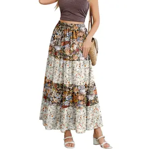 NASHALYLY Women's Maxi Skirt Elastic High Waisted Chiffon Two Color Patchwork Boho Long Skirts