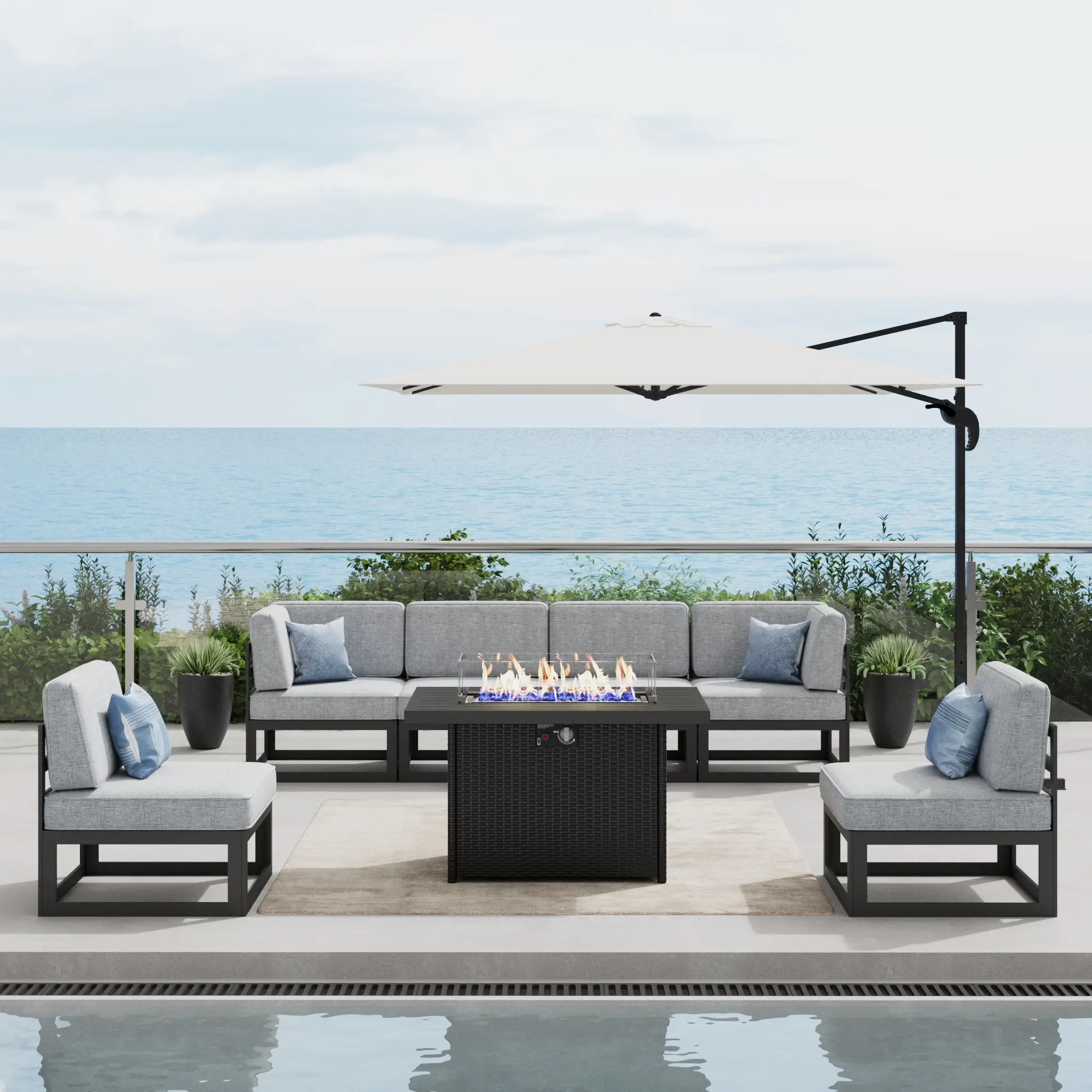 LayinSun Large Aluminum Patio Furniture Set with Fire Pit Table, 7 Pieces Modern Outdoor Conversation Set Sectional Metal Sofa Set with Olefin Cushion, Multiple Packages