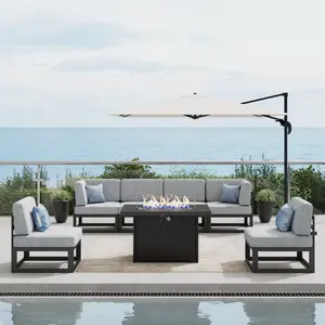 LayinSun Large Aluminum Patio Furniture Set with Fire Pit Table, 7 Pieces Modern Outdoor Conversation Set Sectional Metal Sofa Set with Olefin Cushion
